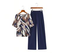 2 pièces set : Top à manches courtes à col rond avec imprimé all-over et pantalon pour femmes en été L,M,S,XLTissu tissé