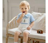 2 pièces/Set Top à manches courtes col français bleu clair pour tout-petits garçons, assorti avec un pantalon blanc à bavette. Convient pour la maison, les jeux et d'autres occasions 6-9M,9-12M,12-18M