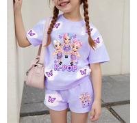 2 pièces/Set Top à manches courtes et short imprimés en 3D pour préadolescentes, avec graphiques de groupe de filles mignons, décoration de papillon, style coréen doux et tendre, convient pour les sor