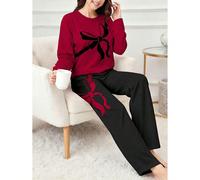 2 pièces/Set Top à manches longues et pantalon de détente imprimé nœud pour adolescente, Top rouge avec imprimé nœud noir, pantalon noir avec imprimé nœud rouge 14Y,13Y,16Y,15YgraphiqueÉtoffe
