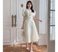 2 pièces/set Top à manches pétales et jupe taille haute, tenue d'été texturée mi-longue 14Y,12Y,13Y,16Y,15YUnicolorePolyester