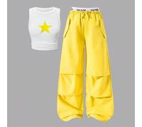 2 pièces/set Top avec cordon de serrage imprimé étoile pour préadolescentes, assorti avec un pantalon cargo à blocs de couleur à la taille, style de rue décontracté, printemps/été 8Y,9Y,10Y,11Y,12Y,13