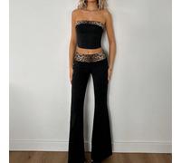 2 pièces/Set Top bandeau en patchwork imprimé léopard et contrastant, et pantalon évasé taille haute ajusté L,M,S,XS,XXSBlocs de couleur,Imprimé léopard,LettresPolyester