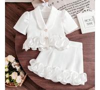2 pièces/Set Top court blanc d'été Blouse à manches bouffantes avec perles + Mini-jupe à volants en satin Style de rue doux pour fille 6Y,7Y,4Y,5YUnicoloreÉtoffe,Tissu tissé