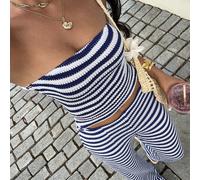 2 pièces/Set Top court tube en jacquard rayé et pantalon ample à taille haute. Ensemble de plage pour vacances, porter élégant et décontracté, convient pour le quotidien, les vacances, la détente, l'é