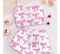 2 pièces/set Top de camisole et short de pyjama rose mignon et doux avec décoration de nœud, convient pour l'été, style Y2K 6Y,7Y,8Y,4Y,5Y,2-3YgraphiqueTissu tricoté