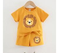 2 pièces/Set Top de pull à col rond à manches courtes en tricot doux avec imprimé lion de dessin animé et short à taille élastique pour bébé garçon 6-9M,9-12M,12-18M,18-24M,2-3YAnimal,CartoonÉtoffe