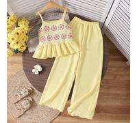2 pièces/Set Top de réservoir à bordure en crochet et dentelle florale et pantalon ample à texture longue taille élastique. Ensemble décontracté et à la mode pour vacances pour filles 8Y,9Y,10Y,11Y,12