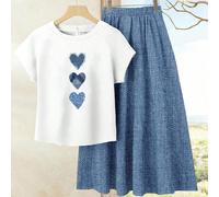 2 pièces/Set Top décontracté avec motif cœur bleu + Jupe bleue pour femmes - Ensemble jupe et Top bohème d'été pour la plage, la croisière, le festival de musique, le concert, l'invité de mariage, le 