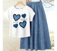 2 pièces/Set Top décontracté avec motif cœur bleu + Jupe bleue pour femmes - Ensemble jupe et Top bohème d'été pour la plage, la croisière, le festival de musique, le concert, l'invité de mariage, le