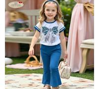 2 pièces/Set Top décoré d'un nœud texturé mignon et pantalon évasé pour jeune fille, style campus mode, style vacances, rentrée scolaire, blouse à col rond et manches courtes et pantalon large, convie