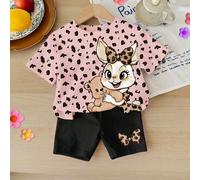 2 pièces/Set Top et short imprimés mignons de lapin et de léopard, t-shirt à manches courtes ample et rond pour bébé fille, short skinny. Convient pour le printemps/été, les sorties, la maison, les va