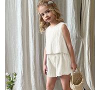 2 pièces/set Top sans manches col rond de couleur unie et short pour jeune fille. Robe blanche d'été pour jeune fille. Robe à volants pour jeune fille. Robe dos nu pour jeune fille. Robe en lin à vola