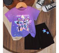 2 pièces/Set Top violet dégradé + Pantalon noir Tenue de contraste de couleur, T-shirt à manches courtes imprimé d'étoiles avec short à élément d'étoile dégradé, Style décontracté sportif Vêtements po