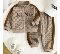 2 pièces/Set Veste à col montant mode avec motif et doublure thermique, Sweat-shirt-shirt tricoté et pantalon de survêtement pour bébé garçon. Ensemble confortable et polyvalent, style vintage chic, c