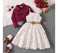 2 pièces/set Veste blazer à col et manches longues mode pour jeunes filles & Robe portefeuille à imprimé floral taille élastique, tenue décontractée pour le quotidien et les vacances, printemps/automn