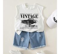2 pièces/Set Vêtements décontractés d'été pour garçons, Débardeur blanc voiture de course et short en jean bleu, Tenue de sport décontractée, Tenue de course, Tenue en jean, Tenue d'été pour garçons 6
