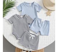 2 pièces/set Vêtements pour bébé nouveau-né Barboteuse/Combishort d'été décontracté de vacances avec body rayé noir et blanc tricoté côtelé et short bleu unicolore à manches courtes 6-9M,0-1M,1-3M,3-6