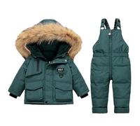 2 Pièces Softshell Bébé Coupe-Vent Imperméable Doudoune Veste et Pantalon | Col en Fourrure Amovible Enfant Surpantalon Habillage Jogging Duvet Garçon Capuche Bavoir Manches