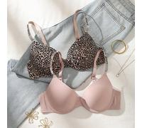 2 pièces Soutien-gorge à armatures moulées Push-Up pour port quotidien, imprimé léopard ton de peau pour femmes, Top imprimé guépard 70B,75B,75C,75D,80B,80C,80D,85B,85C,85D,90CMotif texturéÉtoffe