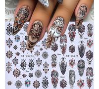 2 pièces Stickers pour ongles bohèmes avec motifs totémiques, décalcomanies pour nail art de style bohème. Décorations pour ongles 3D colorées, autocollants prédécoupés pour une manucure DIY, fournitu
