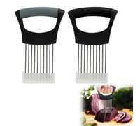 2 Pièces Support à Oignons en Acier Inoxydable 14 x 9 cm, Porte Tranche Oignon avec Aiguilles et Capuchon, Coupe-Légumes Inox, Outil de Découpe pour oignon, tomates, citrons, viande, fruits