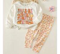 2 pièces sweat-shirt à manches longues col rond avec imprimé lettres, citrouille colorée, fleur, feuille tombée, motif nœud et legging à imprimé floral discret pour bébé fille, convient pour Halloween