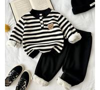 2 pièces Sweat-shirt-shirt et pantalon pour petit garçon, mignon, rayures noires et blanches, ours en sherpa, manches longues, col boutonné, épais, anniversaire, hiver, jogging, confortable, Avengers,
