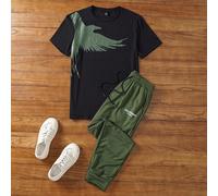 2 pièces T-shirt col rond manches courtes imprimé aigle pour hommes et pantalon long à taille coulissante imprimé lettres, tenue décontractée, cadeaux confortables pour la fête des pères, football L,M