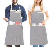 2 Pièces Tabliers de Cuisine à Rayures pour Hommes et Remmes, Tabliers Souple à Bavette Réglables avec 3 Poches, Tabliers Professionnel pour Chef, Barbecue, Peinture, Pâtisserie, Restaurant, Blanc