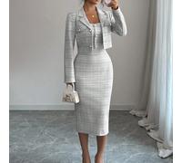 2 pièces Tailleur en tweed : Blazer court à col cranté élégant + Robe fourreau ajustée sans manches, Tenue chic pour le printemps/l'automne L,M,S,XLUnicoloreTissu tricoté