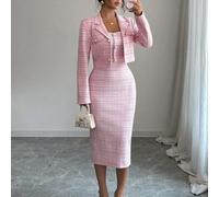 2 pièces Tailleur en tweed : Veste blazer élégante à motif pied-de-poule + Robe fourreau ajustée sans manches, Tenue chic et féminine pour le printemps/l'automne L,M,S,XL,XSRayéTissu tricoté