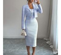 2 pièces Tailleur en tweed : Veste blazer élégante en + Robe fourreau ajustée sans manches, Tenue chic et féminine pour le printemps/l'automne L,M,S,XLRayéTissu tricoté