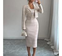 2 pièces Tailleur en tweed : Veste blazer élégante en + Robe fourreau ajustée sans manches, Tenue chic et féminine pour le printemps/l'automne L,M,S,XLUnicoloreTissu tricoté