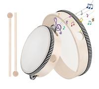 2 Pièces Tambourin à la Main en Bois, Tambourin avec Clochettes, Tambourin en Peau Naturelle avec Baguette pour Fêtes Jeux Cours de Musique Danse Bébé Enfants Cadeaux (6 Pouces et 8 Pouces)