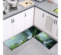 2 Pièces Tapis Cuisine Antidérapant, Lavable en Machine Tapis de Cuisine Motif Brume Cascade, Paillasson Absorbe l'huile Japon Campagne Vert pour Couloir, Entrée, 40x60cm+40x120cm
