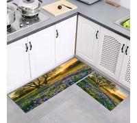 2 Pièces Tapis Cuisine Antidérapant, Lavable en Machine Tapis de Cuisine Motif Champ Fleurs Lupin Bleu, Paillasson Absorbe l'huile Campagne Lever Soleil Vert pour Couloir, Entrée, 40x60cm+40x120cm