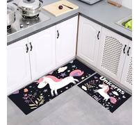 2 Pièces Tapis Cuisine Antidérapant, Lavable en Machine Tapis de Cuisine Motif Joli Cheval Arc-en-Ciel, Paillasson Absorbe l'huile Illustration Noir pour Couloir, Entrée, 43x75cm+43x150cm