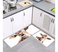 2 Pièces Tapis Cuisine Antidérapant, Lavable en Machine Tapis de Cuisine Motif Vache Qui Bâille, Paillasson Absorbe l'huile Mignonne Aquarelle Marron Blanc pour Couloir, Entrée, 40x60cm+40x120cm