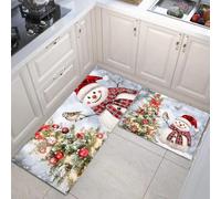 2 Pièces Tapis Cuisine Antidérapant, Lavable Tapis de Cuisine Motif Bonhomme De Neige Sapin De Noël,Paillasson Absorbe l'huile Noël Éléments Blanc grisâtre pour Couloir, Entrée, 40x60cm+40x120cm