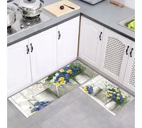 2 Pièces Tapis de Cuisine, Antidérapant Absorbent Lavable en Machine, Ensemble Argent Tapis de Coureur, Illustration Vectorielle Marguerites Arrosoir Imprimé Paillasson de Cuisine, 40x60cm+40x120cm