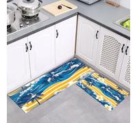 2 Pièces Tapis de Cuisine, Antidérapant Absorbent Lavable en Machine, Ensemble Bleu Jaune Tapis de Coureur, Tropical Palmiers Vagues De L'Océan Imprimé Paillasson de Cuisine, 40x60cm+40x120cm
