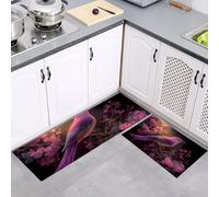 2 Pièces Tapis de Cuisine, Antidérapant Absorbent Lavable en Machine, Ensemble Rose Violet Tapis de Coureur, Art Mystérieux Oiseaux Cerisiers en Fleurs Paillasson de Cuisine, 43x75cm+43x150cm