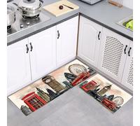 2 Pièces Tapis de Cuisine, Antidérapant Absorbent Lavable en Machine, Ensemble Rouge Gris Tapis de Coureur, Art Vintage Bus Big Ben Imprimé Paillasson de Cuisine, 40x60cm+40x120cm