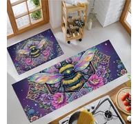 2 Pièces Tapis De Cuisine, Antidérapant Absorbent Lavable, Ensemble Tapis De Coureur Constellation Mystérieuse Des Abeilles, Fleurs Oniriques Violet Imprimé Paillasson De Cuisine, 44X75+44X120Cm