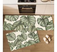 2 Pièces Tapis De Cuisine, Antidérapant Absorbent Lavable, Ensemble Tapis De Coureur Monstera Tropical Vintage, Plante Peinte À La Main Beige Vert Imprimé Paillasson De Cuisine, 40X60+40X120Cm