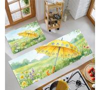 2 Pièces Tapis De Cuisine, Antidérapant Absorbent Lavable, Ensemble Tapis De Coureur Prairie Printanière Aquarelle, Parasol De Campagne Vert Sauge Imprimé Paillasson De Cuisine, 40X60+40X120Cm