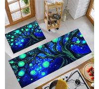 2 Pièces Tapis de Cuisine Arbre Sphérique Lumineux Antidérapant en Machine Style De Lumière Noire Ensemble Sol Tapis Devant evier pour Le Bureau de Décoration à la Maison 45x75cm+45x150cm Indigo