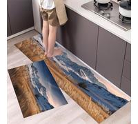 2 Pièces Tapis de Cuisine Champs De Blé Antidérapant et Lavable en Machine Paysage De Montagne Enneigée Ensemble Sol Tapis Devant evier pour Le Bureau de Décoration à la Maison 43x75cm+43x120cm Bleu