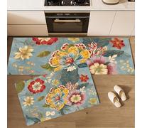 2 Pièces Tapis de Cuisine Fleurs Complexes Antidérapant et Lavable, Fleurs Rétro Ensemble Sol Tapis Devant evier pour Le Bureau de Décoration à la Maison 43x75cm+43x150cm Couleur Œuf De Canard